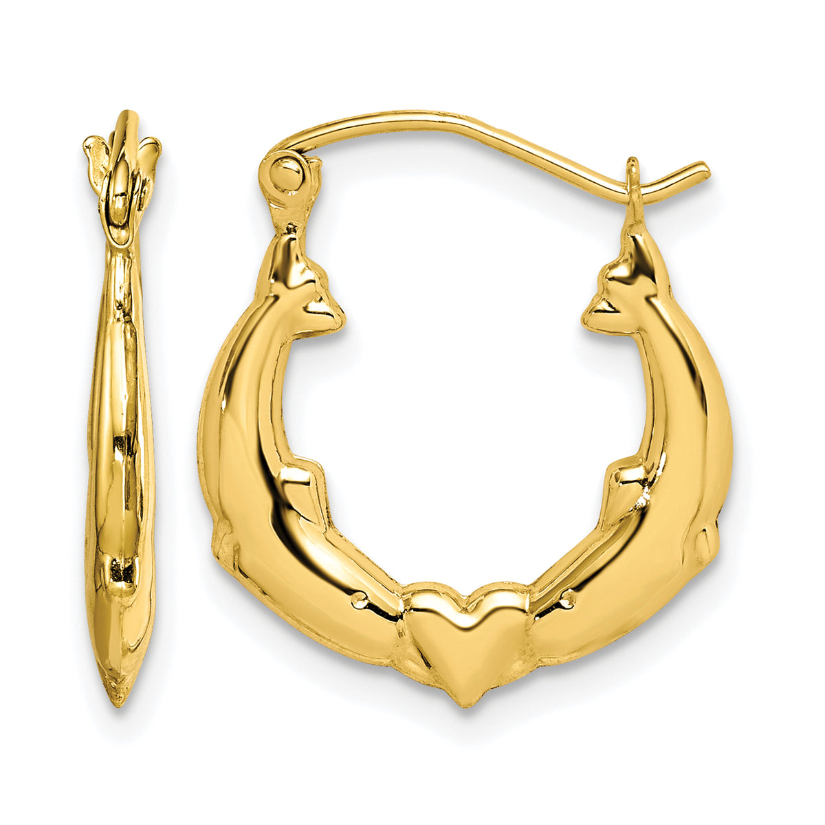 10K Yellow Gold 19mm x 2mm Dolphin Heart Round Hoop Earrings