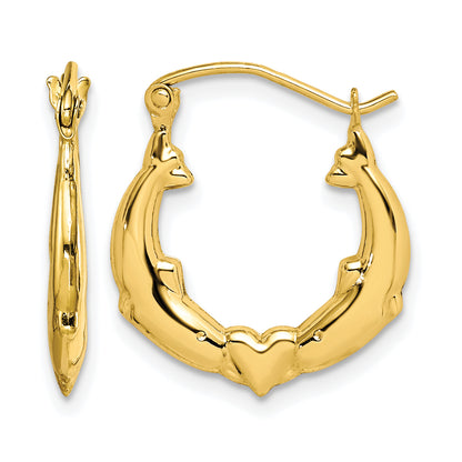 10K Yellow Gold 19mm x 2mm Dolphin Heart Round Hoop Earrings