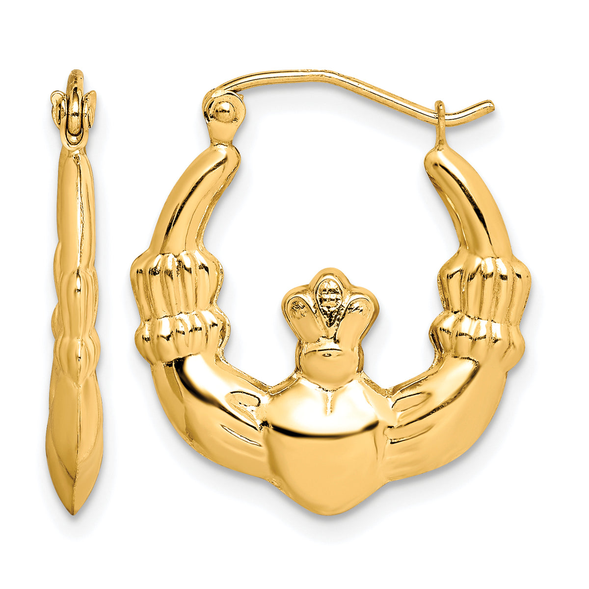10K Yellow Gold 21.25mm x 3mm Claddagh Round Hoop Earrings