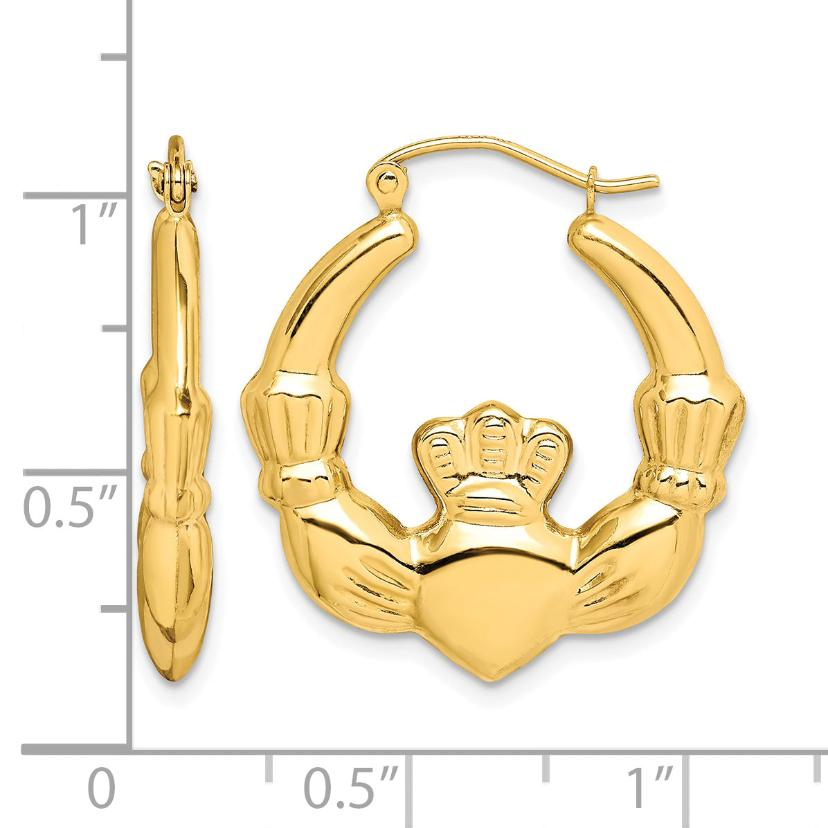10K Yellow Gold 26mm x 3.5mm Claddagh Round Hoop Earrings