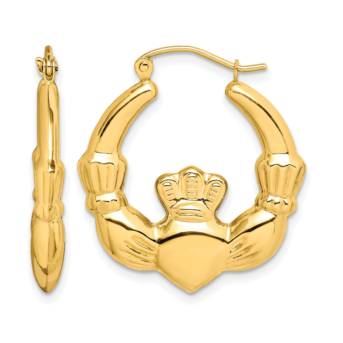 10K Yellow Gold 26mm x 3.5mm Claddagh Round Hoop Earrings