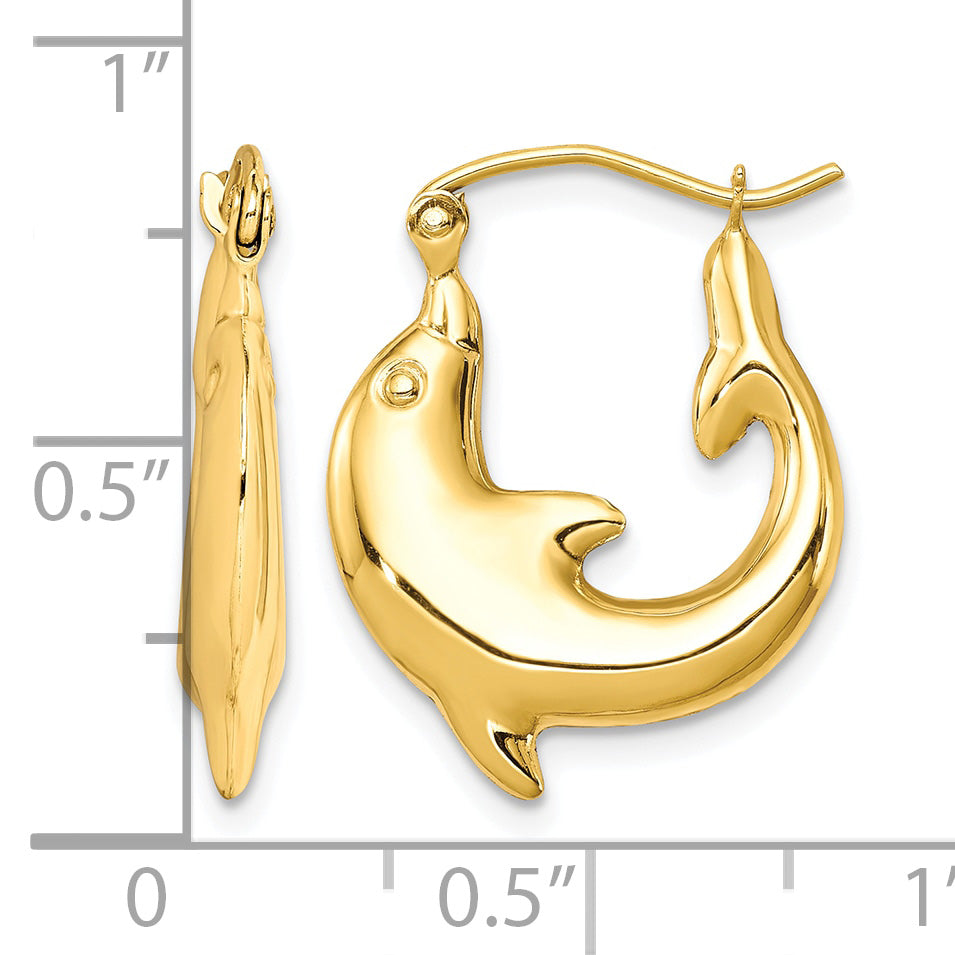 10K Yellow Gold 21.97mm x 3.75mm Dolphin Round Hoop Earrings