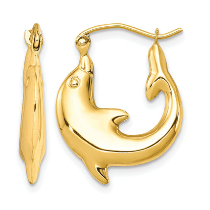 10K Yellow Gold 21.97mm x 3.75mm Dolphin Round Hoop Earrings