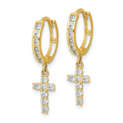 10K Yellow Gold 23.46mm x 6.25mm CZ Cross Dangle Hinged Round Hoop Earrings