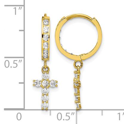 10K Yellow Gold 23.46mm x 6.25mm CZ Cross Dangle Hinged Round Hoop Earrings