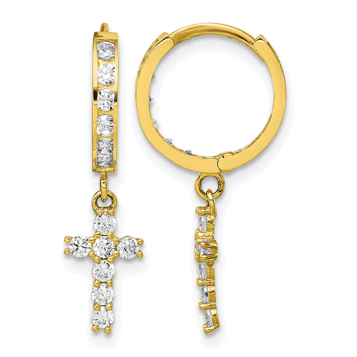 10K Yellow Gold 23.46mm x 6.25mm CZ Cross Dangle Hinged Round Hoop Earrings