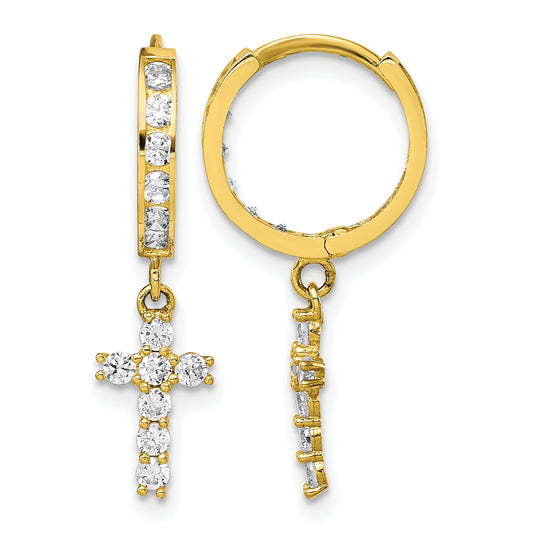 10K Yellow Gold 23.46mm x 6.25mm CZ Cross Dangle Hinged Round Hoop Earrings
