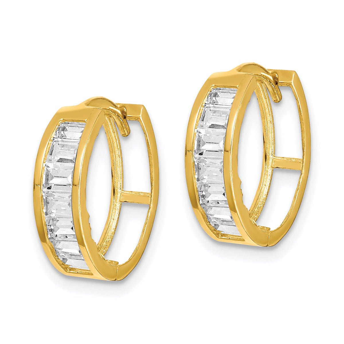 10K Yellow Gold 15mm x 4mm Baguette CZ Round Hoop Earrings