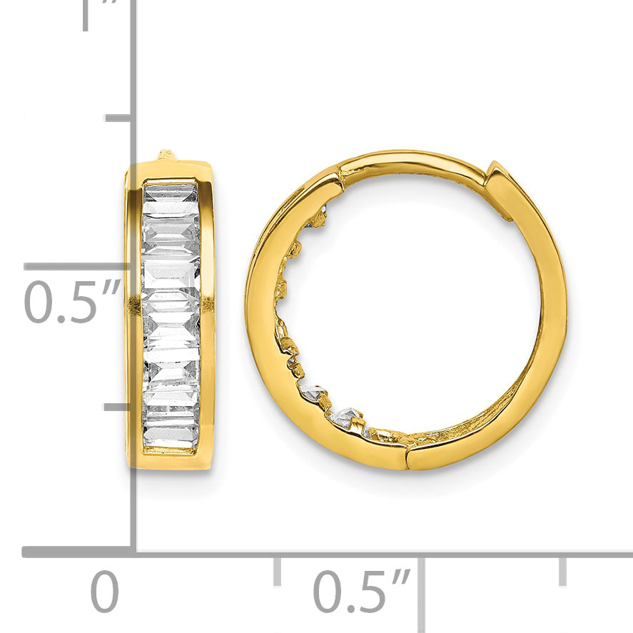 10K Yellow Gold 15mm x 4mm Baguette CZ Round Hoop Earrings