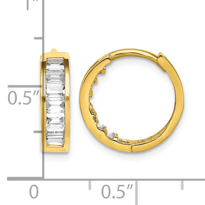 10K Yellow Gold 15mm x 4mm Baguette CZ Round Hoop Earrings