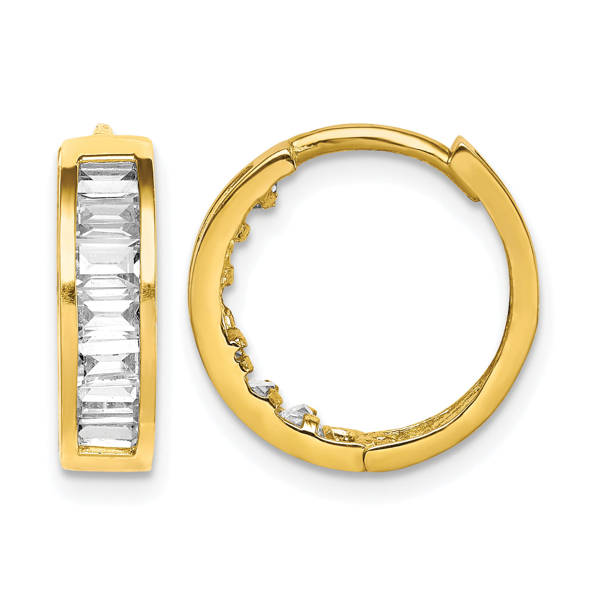 10K Yellow Gold 15mm x 4mm Baguette CZ Round Hoop Earrings