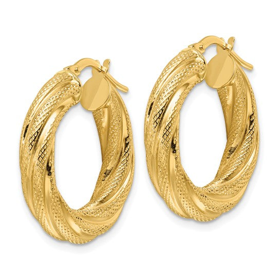 10k yellow gold twisted textured round hoop earrings 25mm x 4mm