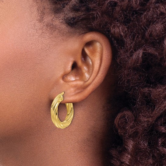 10k yellow gold twisted textured round hoop earrings 25mm x 4mm