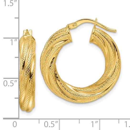 10k yellow gold twisted textured round hoop earrings 25mm x 4mm