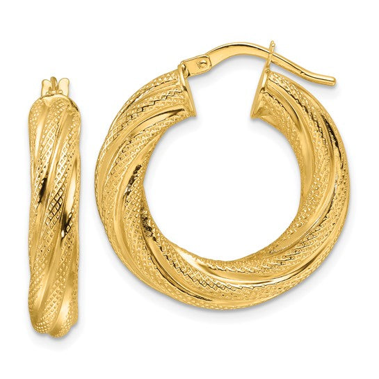 10k yellow gold twisted textured round hoop earrings 25mm x 4mm