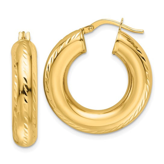 10K Yellow Gold Diamond Cut Round Hoop Earrings 26mm x 6mm