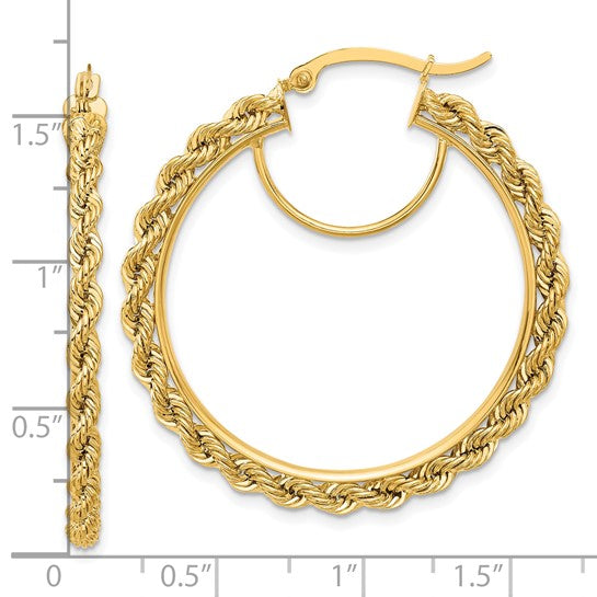 10k Yellow Gold Diamond Cut Rope Round Hoop Earrings 38mm x 2.95mm