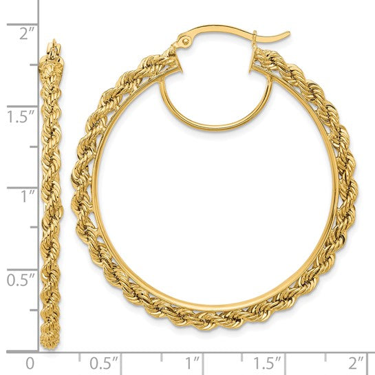 10k Yellow Gold Diamond Cut Rope Round Hoop Earrings 44mm x 2.95mm