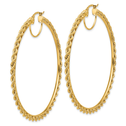 10K Yellow Gold 70mm x 2.95mm Diamond Cut Rope Round Hoop Earrings