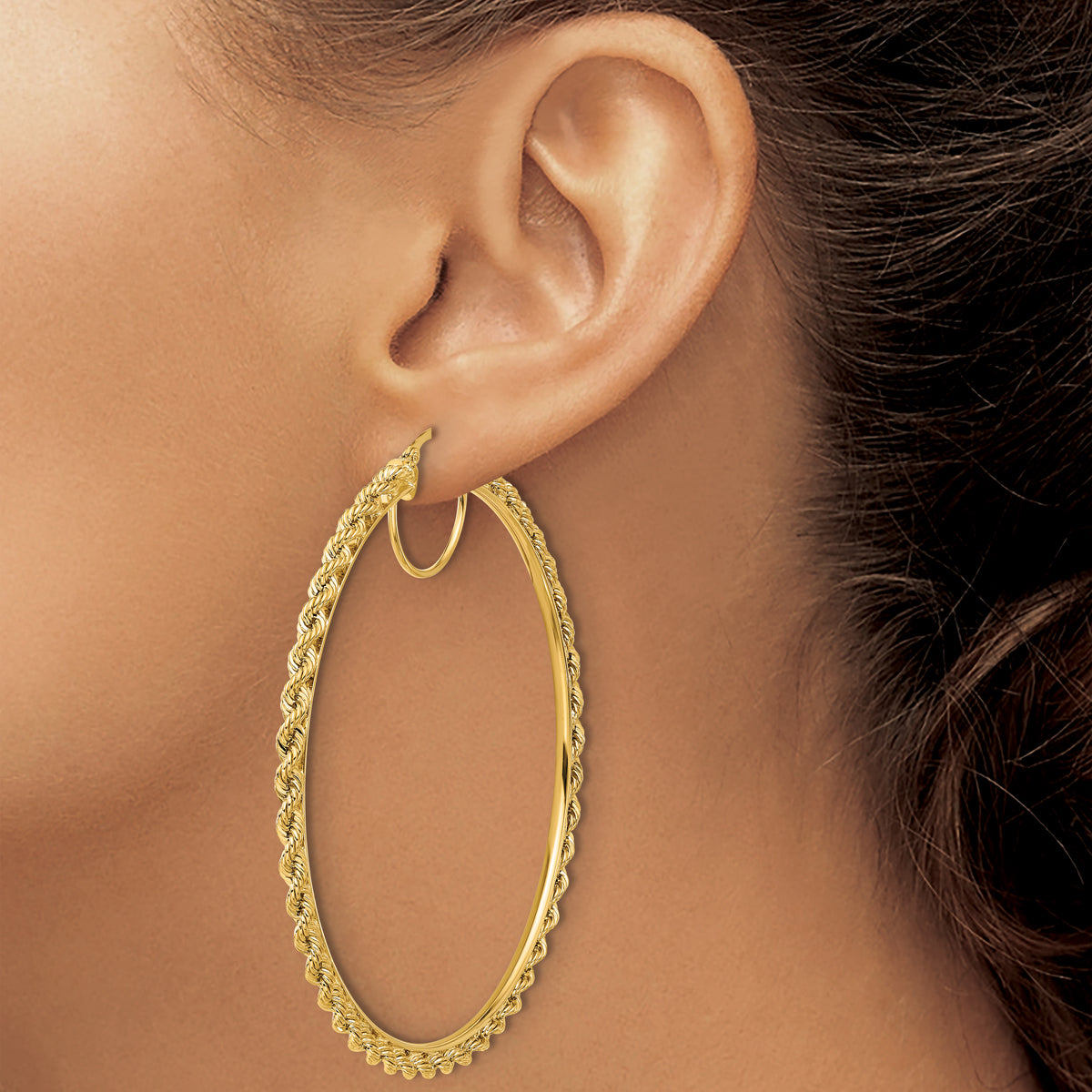 10K Yellow Gold 70mm x 2.95mm Diamond Cut Rope Round Hoop Earrings