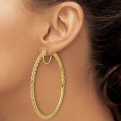 10K Yellow Gold 70mm x 2.95mm Diamond Cut Rope Round Hoop Earrings