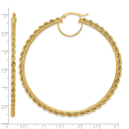 10K Yellow Gold 70mm x 2.95mm Diamond Cut Rope Round Hoop Earrings