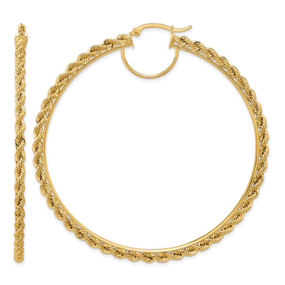 10K Yellow Gold 70mm x 2.95mm Diamond Cut Rope Round Hoop Earrings