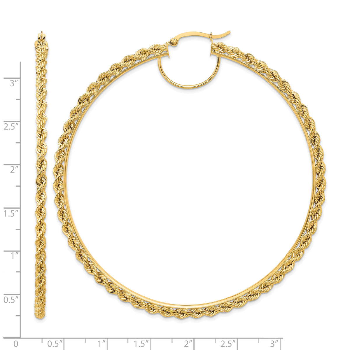 10K Yellow Gold 80mm x 2.95mm Diamond Cut Rope Round Hoop Earrings