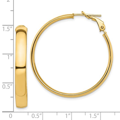 10k yellow gold square tube round hoop omega back earrings 35mm x 5mm