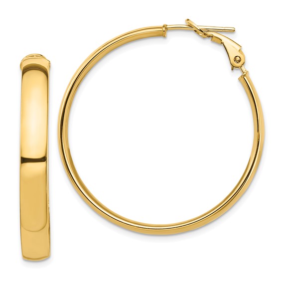 10k yellow gold square tube round hoop omega back earrings 35mm x 5mm