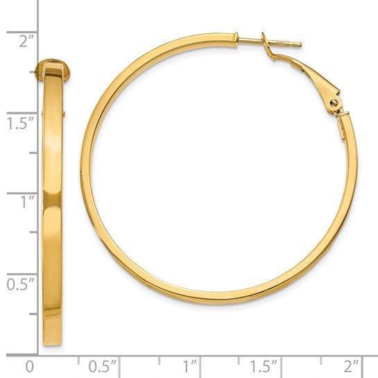 10k Yellow Gold Square Tube Round Hoop Omega Back Earrings 43mm x 3mm