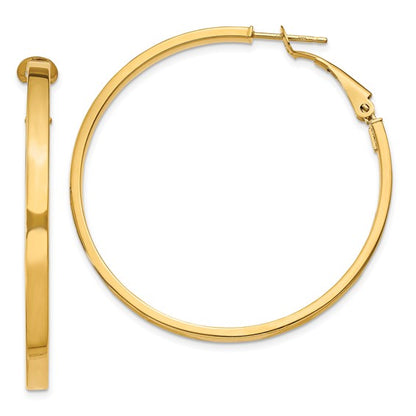 10k yellow gold square tube round hoop omega back earrings 43mm x 3mm