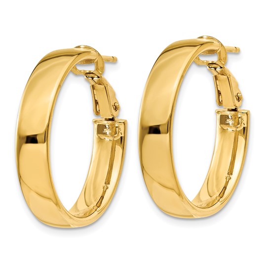 10k yellow gold square tube round hoop omega back earrings 23mm x 5mm
