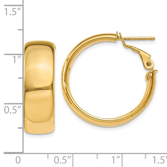 10k Yellow Gold Square Tube Round Hoop Omega Back Earrings 24mm x 7.75mm