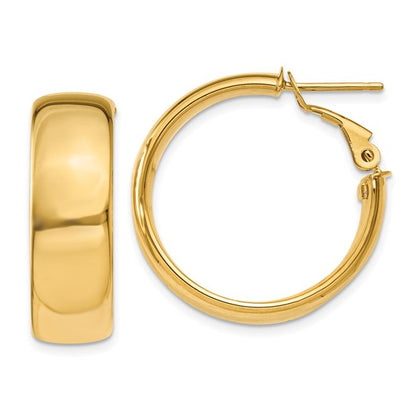 10k yellow gold square tube round hoop omega back earrings 24mm x 7.75mm