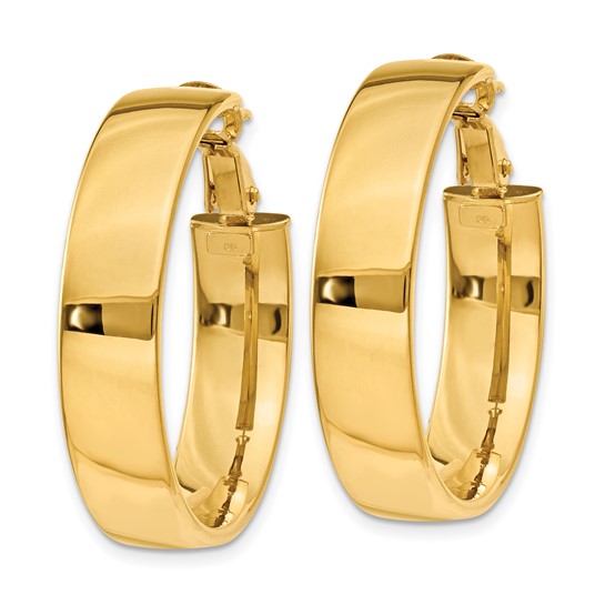 10k yellow gold square tube round hoop omega back earrings 29mm x 6.75mm