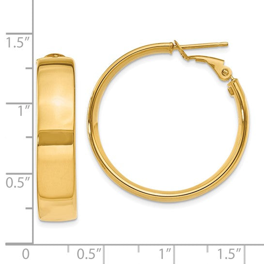 10k Yellow Gold Square Tube Round Hoop Omega Back Earrings 29mm x 6.75mm