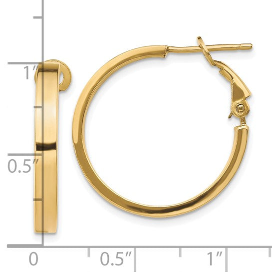10k yellow gold square tube round hoop omega back earrings 24mm x 3mm