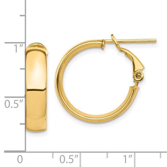 10k yellow gold square tube round hoop omega back earrings 20mm x 5mm