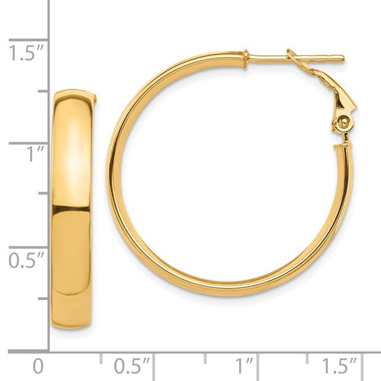 10k yellow gold square tube round hoop omega back earrings 30mm x 5mm