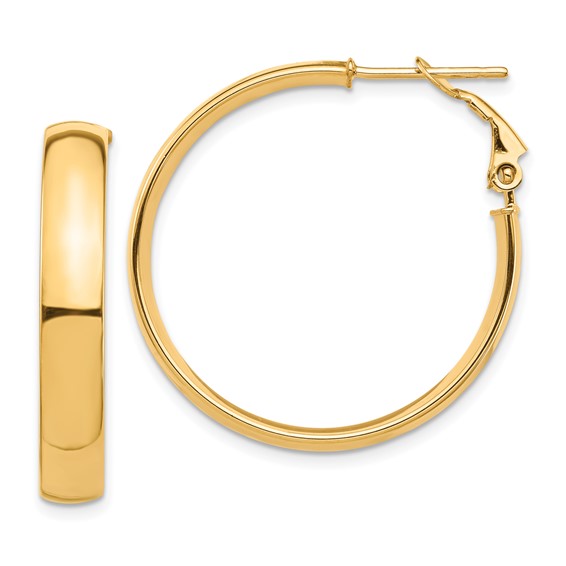 10k yellow gold square tube round hoop omega back earrings 30mm x 5mm
