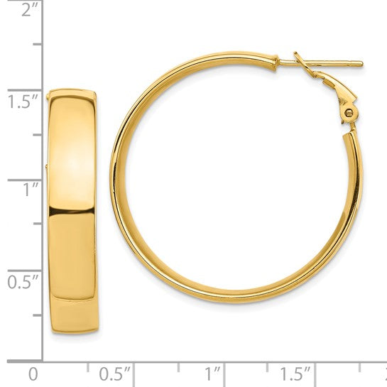 10k yellow gold square tube round hoop omega back earrings 35mm x 7mm