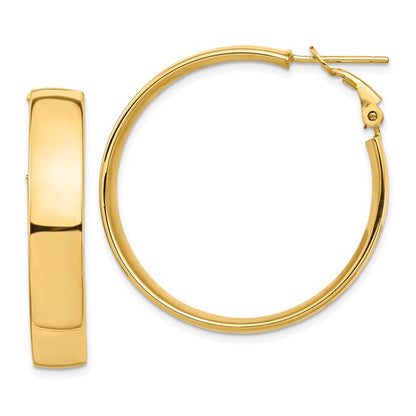 10k yellow gold square tube round hoop omega back earrings 35mm x 7mm