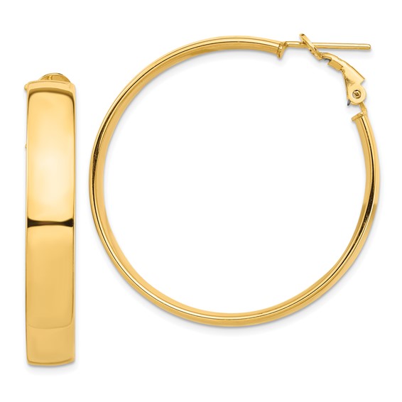 10k yellow gold square tube round hoop omega back earrings 40mm x 7mm