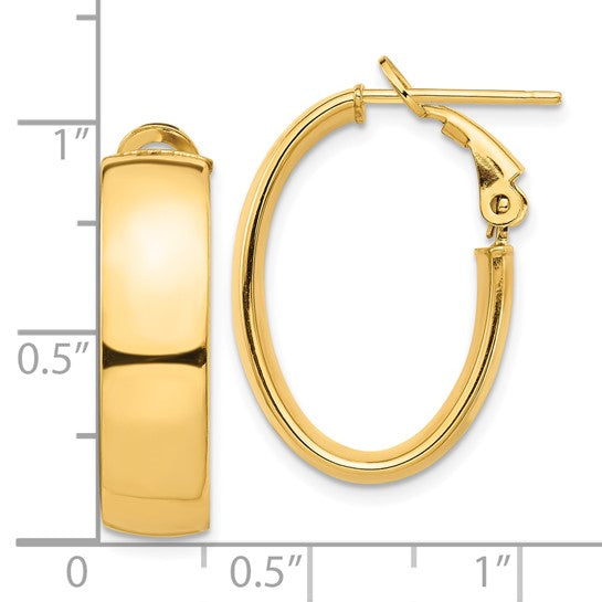 10k Yellow Gold Square Tube Oval Hoop Omega Back Earrings 24mm x 16mm x 7mm