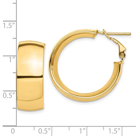 10k yellow gold square tube round hoop omega back earrings 26mm x 10mm