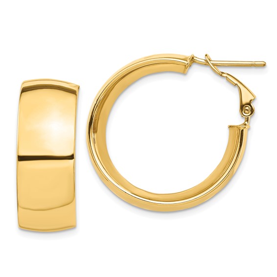 10k yellow gold square tube round hoop omega back earrings 26mm x 10mm