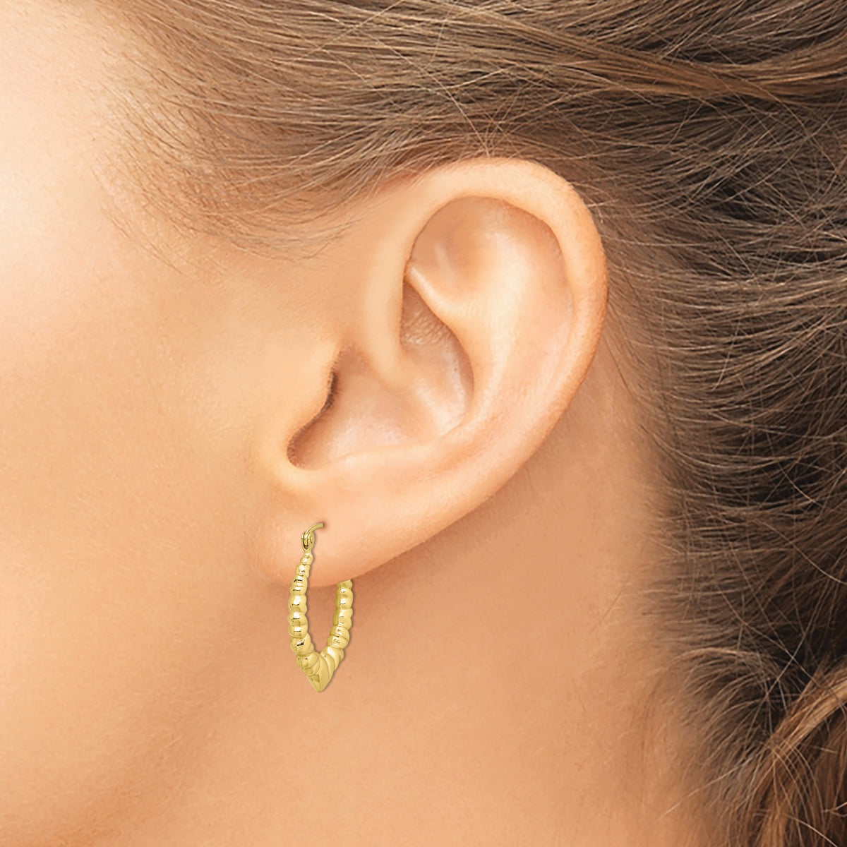 10K Yellow Gold 15mm x 3mm Scalloped Heart Round Hoop Earrings