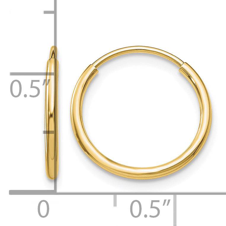 10K Yellow Gold 14mm x 1.25mm Endless Round Hoop Earrings