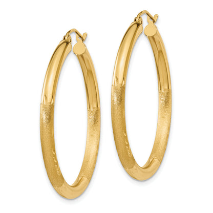 10K Yellow Gold 35mm x 3mm Diamond Cut Satin Brushed Round Hoop Earrings